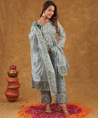 Blue jaal block print  kurta pant with duptta 3