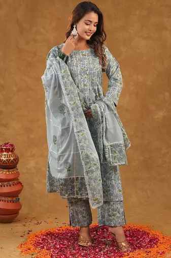 Blue jaal block print  kurta pant with duptta