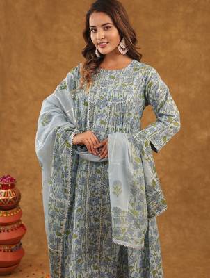 Blue jaal block print  kurta pant with duptta 4