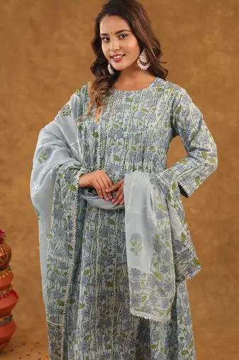 Blue jaal block print  kurta pant with duptta