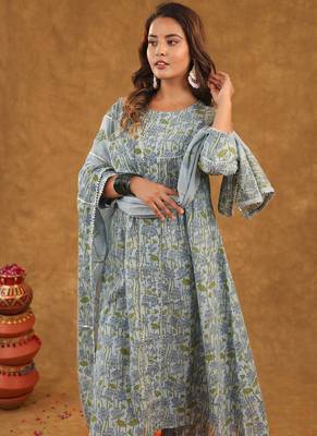Blue jaal block print  kurta pant with duptta 5