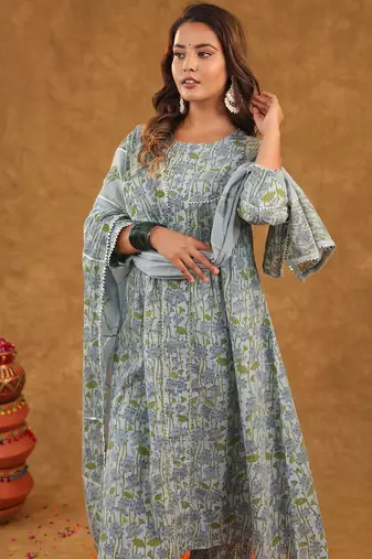 Blue jaal block print  kurta pant with duptta