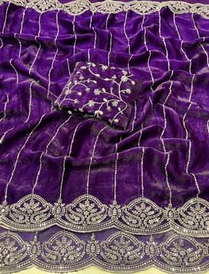 Violet Color  Sequence embroidery work with Cut work border  Chiffon art silk saree  1