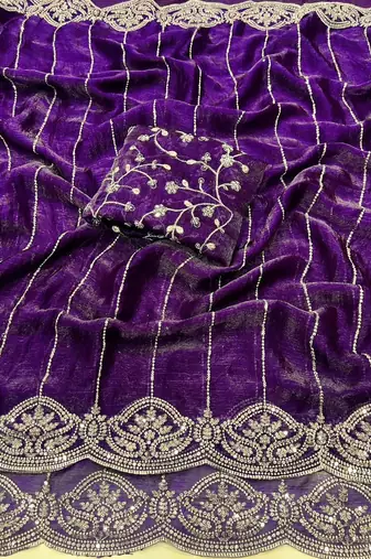 Violet Color  Sequence embroidery work with Cut work border  Chiffon Silk Saree 
