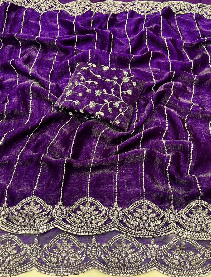 Violet Color  Sequence embroidery work with Cut work border  Chiffon Silk Saree 