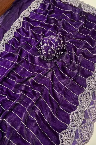 Violet Color  Sequence embroidery work with Cut work border  Chiffon Silk Saree 