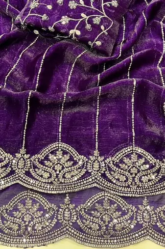 Violet Color  Sequence embroidery work with Cut work border  Chiffon Silk Saree 