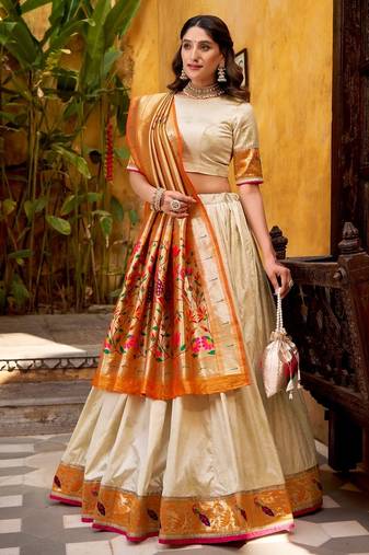 Off white Paithani Silk Zari Weaving Lehenga Choli with Jacquard Dupatta & Batwa
