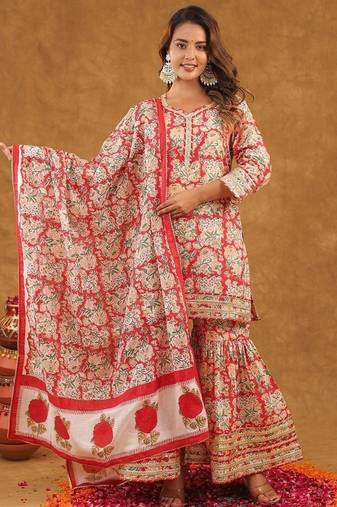 Red jaal printed sharara set with duptta