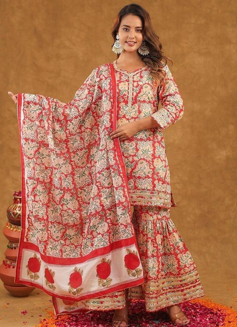 Red jaal printed sharara set with duptta