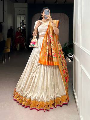 Off white Paithani Silk Zari Weaving Lehenga Choli with Jacquard Dupatta & Batwa 2