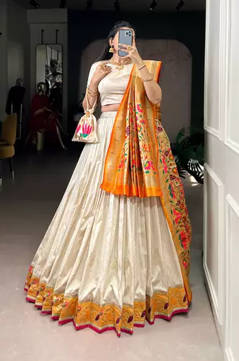 Off white Paithani Silk Zari Weaving Lehenga Choli with Jacquard Dupatta & Batwa
