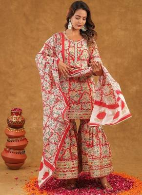 Red jaal printed sharara set with duptta 2