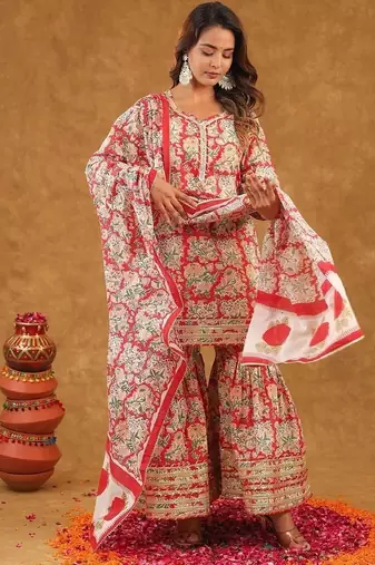 Red jaal printed sharara set with duptta