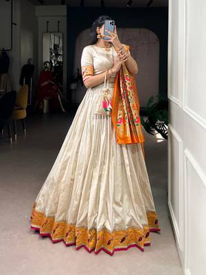 Off white Paithani Silk Zari Weaving Lehenga Choli with Jacquard Dupatta & Batwa 3