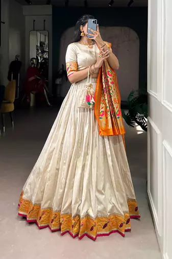 Off white Paithani Silk Zari Weaving Lehenga Choli with Jacquard Dupatta & Batwa