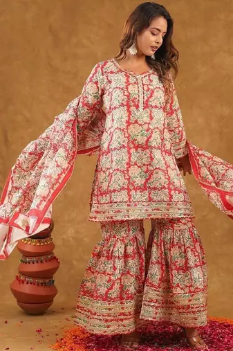 Red jaal printed sharara set with duptta
