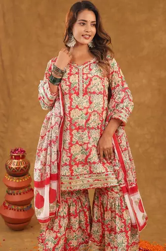 Red jaal printed sharara set with duptta