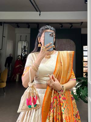 Off white Paithani Silk Zari Weaving Lehenga Choli with Jacquard Dupatta & Batwa 4