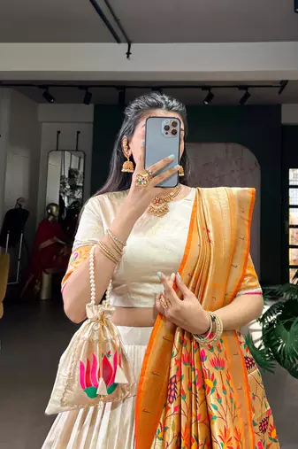 Off white Paithani Silk Zari Weaving Lehenga Choli with Jacquard Dupatta & Batwa