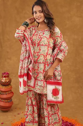 Red jaal printed sharara set with duptta