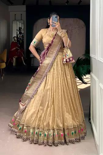 Gold Shimmer Organza Zari Weaving Lehenga Choli with Wine Paithani Dupatta & Batwa