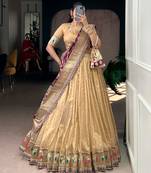 Gold Shimmer Organza Zari Weaving Lehenga Choli with Wine Paithani Dupatta & Batwa