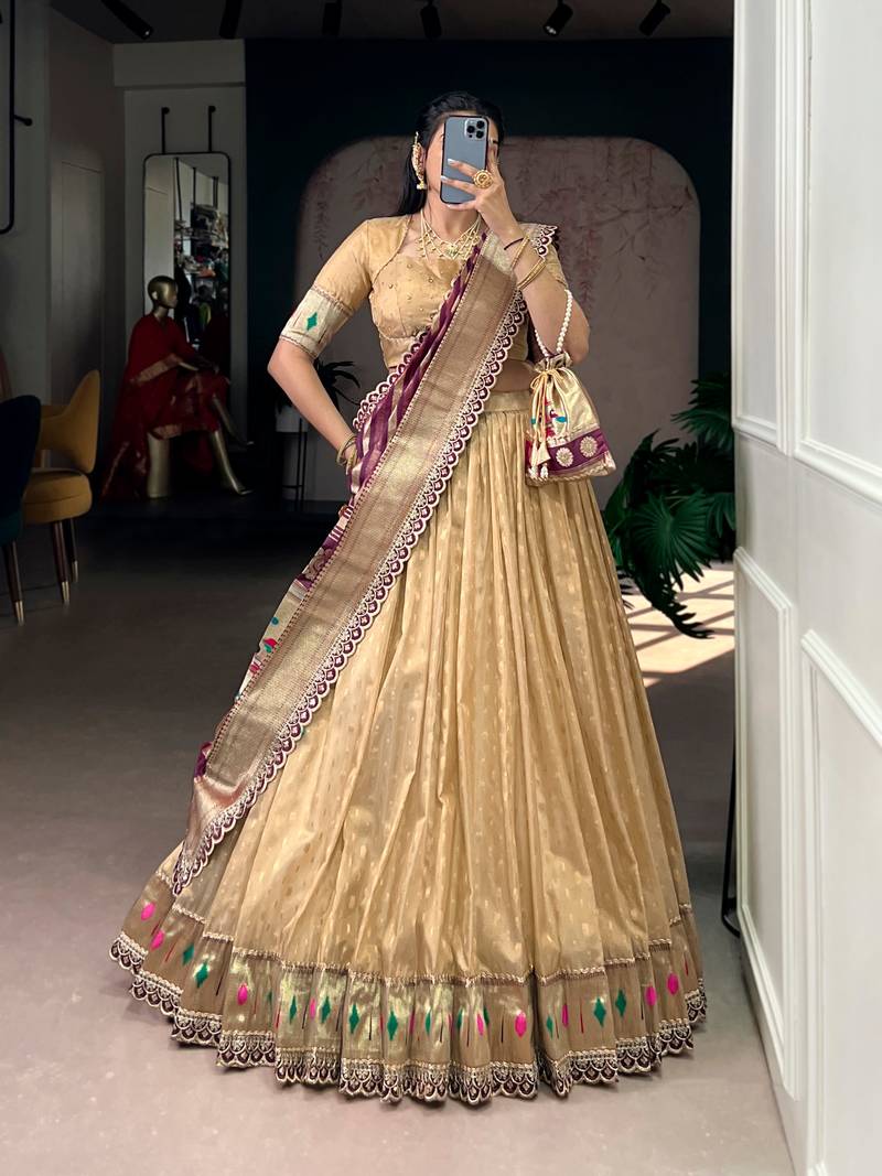 Gold Shimmer Organza Zari Weaving Lehenga Choli with Wine Paithani Dupatta & Batwa