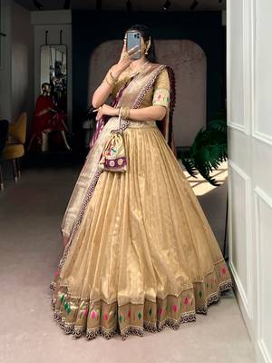 Gold Shimmer Organza Zari Weaving Lehenga Choli with Wine Paithani Dupatta & Batwa 2