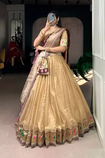 Gold Shimmer Organza Zari Weaving Lehenga Choli with Wine Paithani Dupatta & Batwa