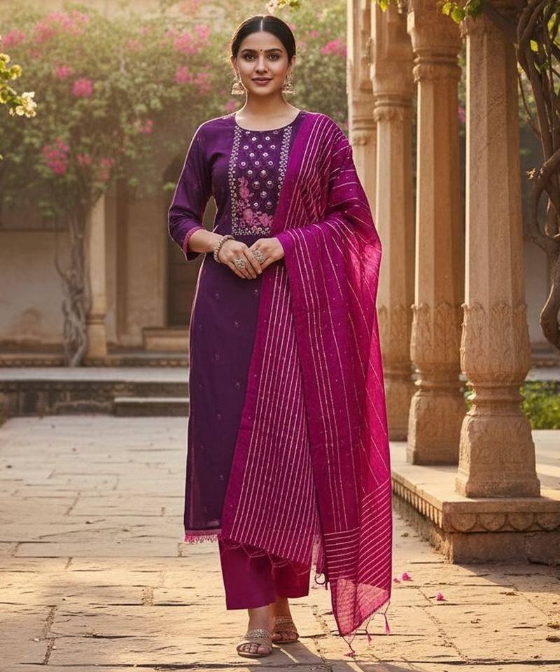 Purple color beautiful formal looks ethnic embroidered suit