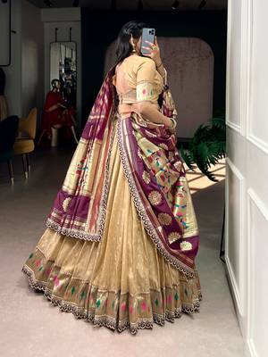 Gold Shimmer Organza Zari Weaving Lehenga Choli with Wine Paithani Dupatta & Batwa 3