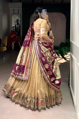 Gold Shimmer Organza Zari Weaving Lehenga Choli with Wine Paithani Dupatta & Batwa