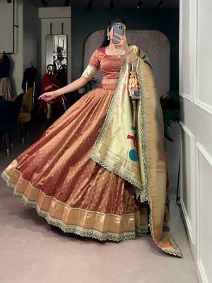 Rust Brown Shimmer Organza Zari Weaving Lehenga Choli with Wine Paithani Dupatta & Batwa 1