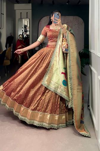 Rust Brown Shimmer Organza Zari Weaving Lehenga Choli with Wine Paithani Dupatta & Batwa