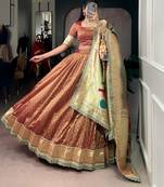 Rust Brown Shimmer Organza Zari Weaving Lehenga Choli with Wine Paithani Dupatta & Batwa