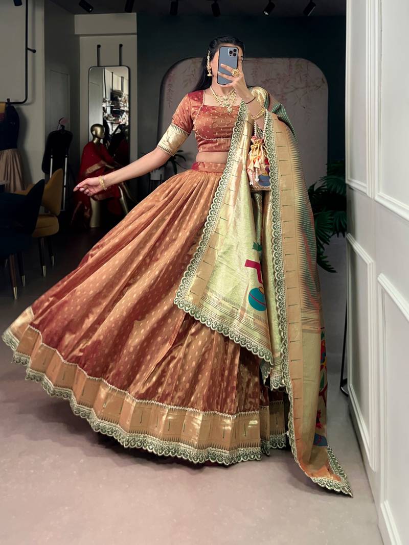 Rust Brown Shimmer Organza Zari Weaving Lehenga Choli with Wine Paithani Dupatta & Batwa