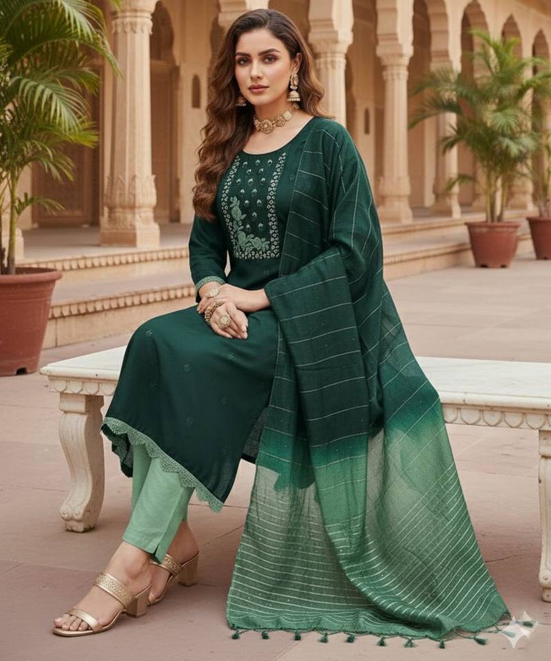 Green color beautiful formal looks ethnic embroidered suit