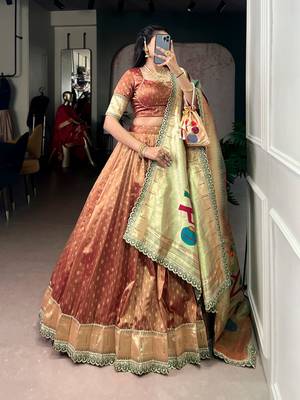Rust Brown Shimmer Organza Zari Weaving Lehenga Choli with Wine Paithani Dupatta & Batwa 2