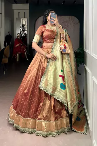 Rust Brown Shimmer Organza Zari Weaving Lehenga Choli with Wine Paithani Dupatta & Batwa