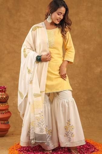 Yellow printed sharara set with duptta