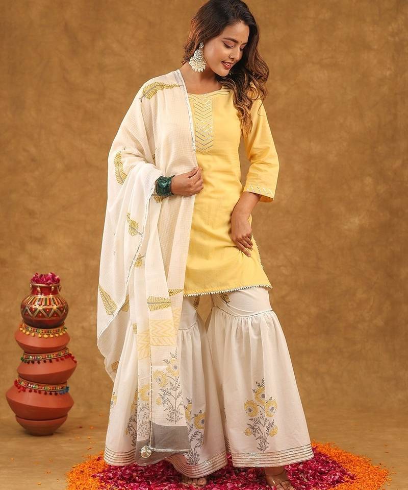Yellow printed sharara set with duptta