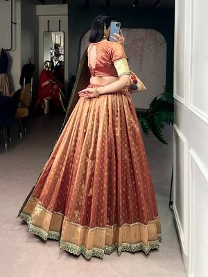 Rust Brown Shimmer Organza Zari Weaving Lehenga Choli with Wine Paithani Dupatta & Batwa 3