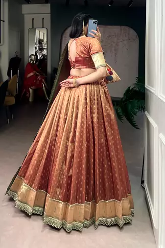 Rust Brown Shimmer Organza Zari Weaving Lehenga Choli with Wine Paithani Dupatta & Batwa