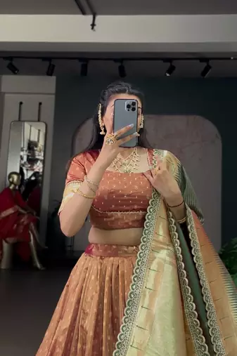 Rust Brown Shimmer Organza Zari Weaving Lehenga Choli with Wine Paithani Dupatta & Batwa