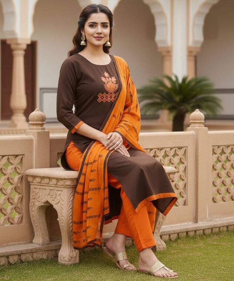 Coffee color beautiful formal looks ethnic embroidered suit
