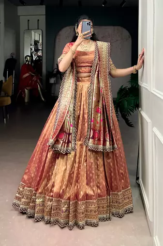 Rust Gold Shimmer Organza Zari Weaving Lehenga Choli with Wine Paithani Dupatta & Batwa