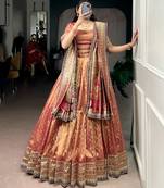 Rust Gold Shimmer Organza Zari Weaving Lehenga Choli with Wine Paithani Dupatta & Batwa