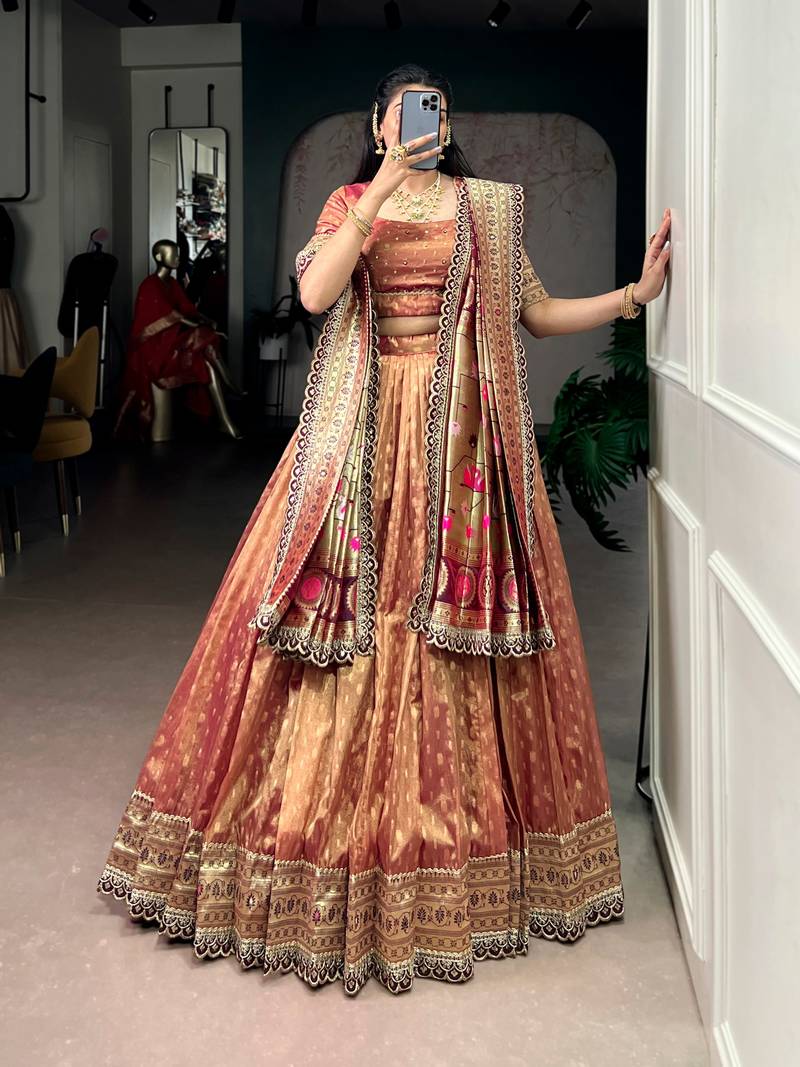 Rust Gold Shimmer Organza Zari Weaving Lehenga Choli with Wine Paithani Dupatta & Batwa