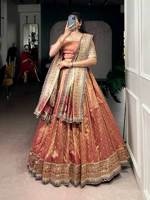 Rust Gold Shimmer Organza Zari Weaving Lehenga Choli with Wine Paithani Dupatta & Batwa 2